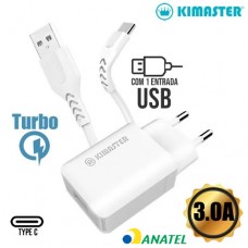 Kit Carregador Universal Turbo 1 USB com Cabo Type C 3.0A Kimaster - KT639 Branco